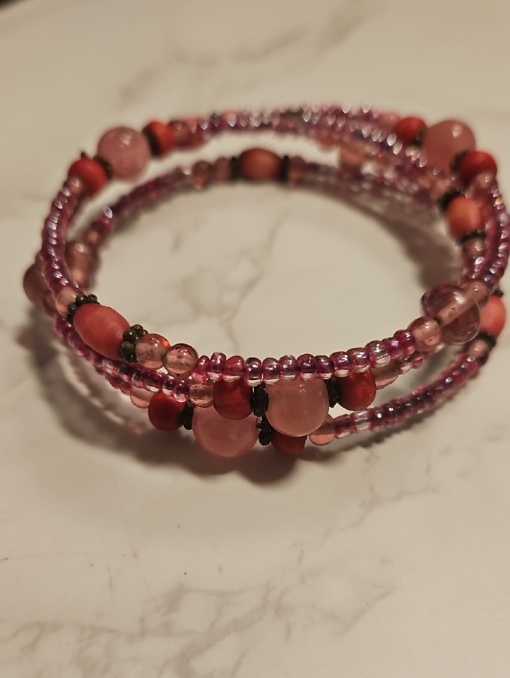 Pink Wire Wrap Bracelet In ROSE quartz And Seed Besds